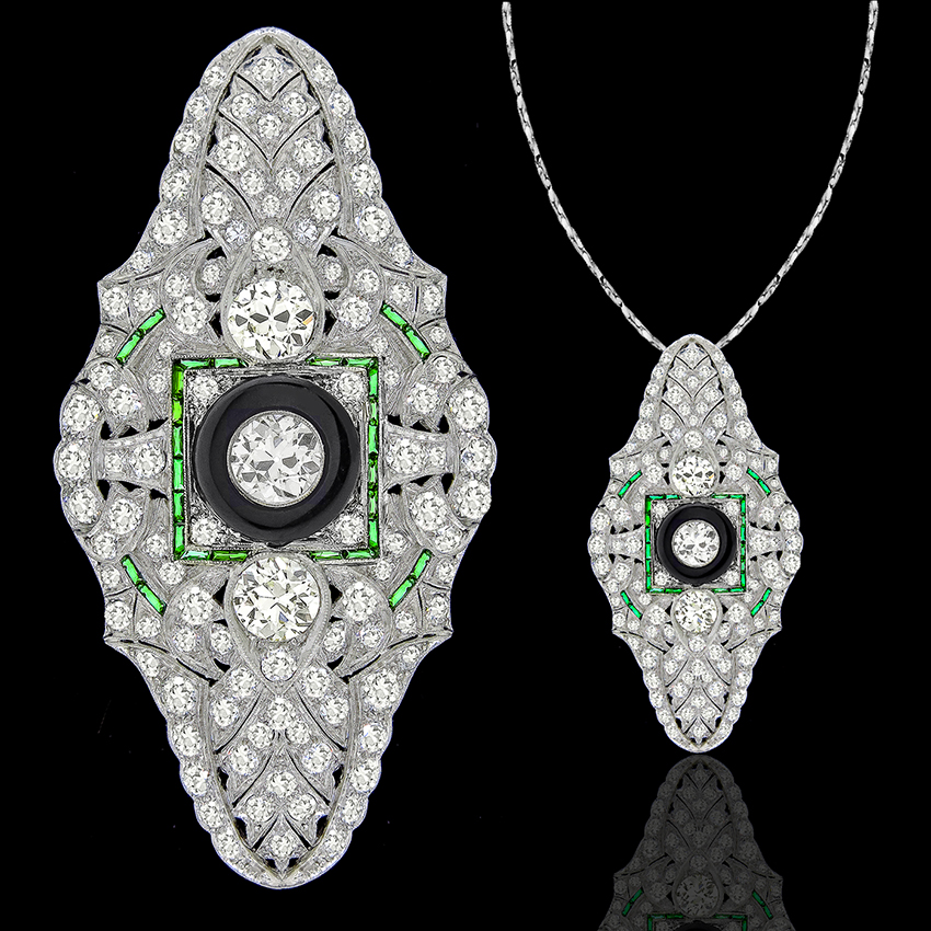 Antique Old European Diamond Emerald Onyx Pin/ Pendant