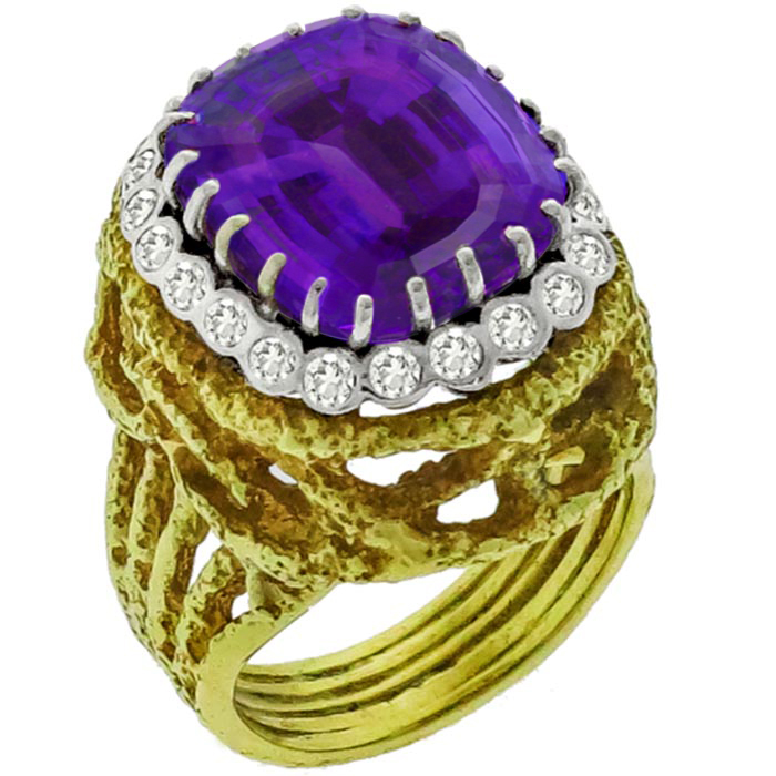 Estate 15.00ct Amethyst Diamond Gold Ring