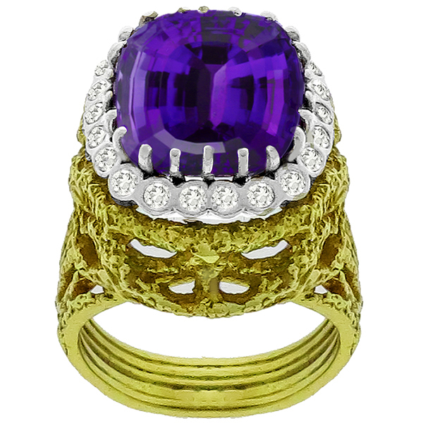 Estate 15.00ct Amethyst Diamond Gold Ring