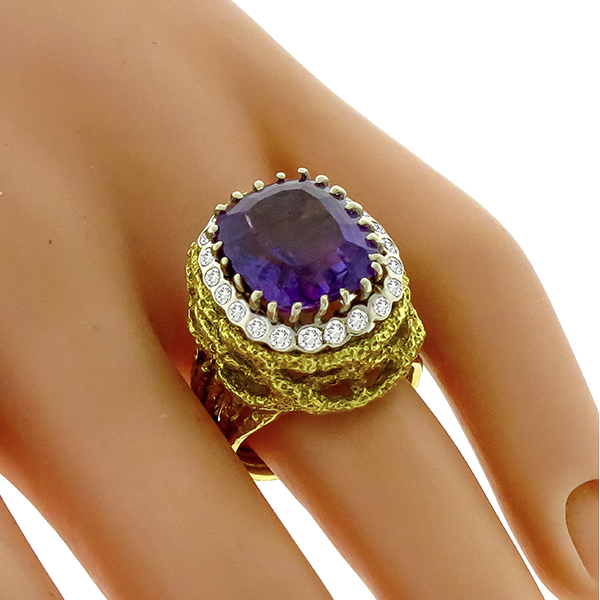 Estate 15.00ct Amethyst Diamond Gold Ring