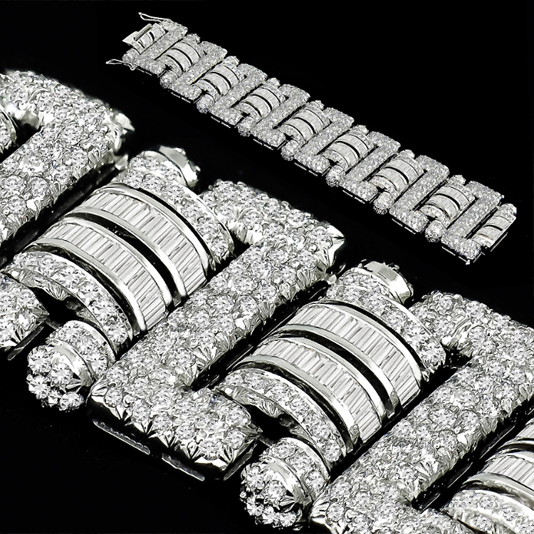 Estate 38.00ct Round And Baguette Cut Diamond 18k White Gold Bracelet