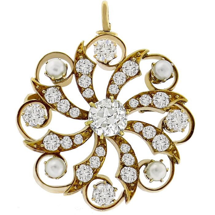 Victorian 0.70ct Diamond Pearl Gold Pin/Pendant