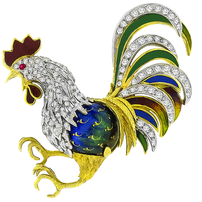 1.50ct Diamond Enamel Gold Rooster Pin