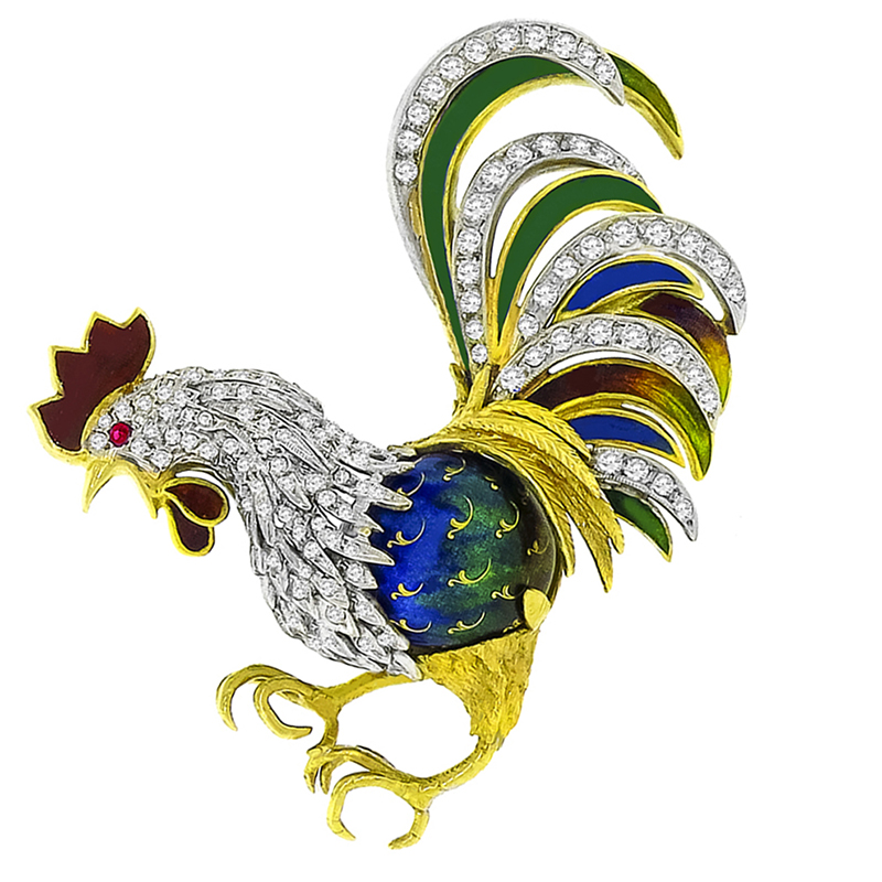 1.50ct Diamond Enamel Gold Rooster Pin