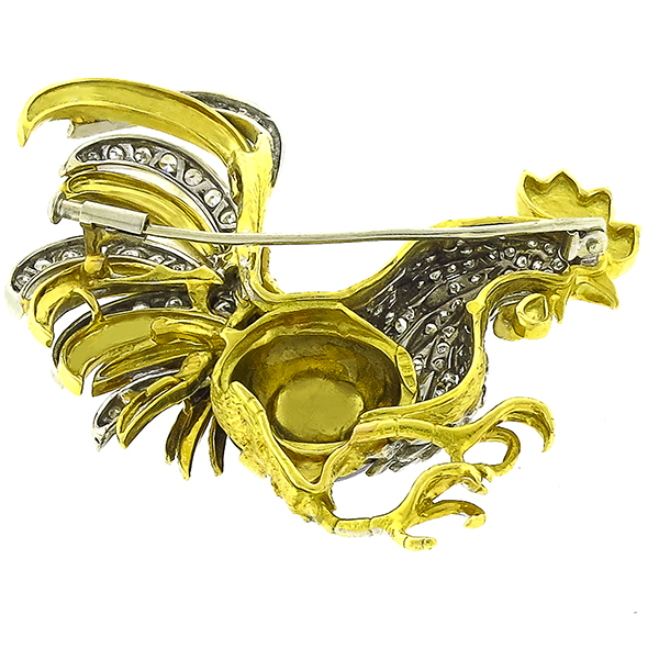 1.50ct Diamond Enamel Gold Rooster Pin