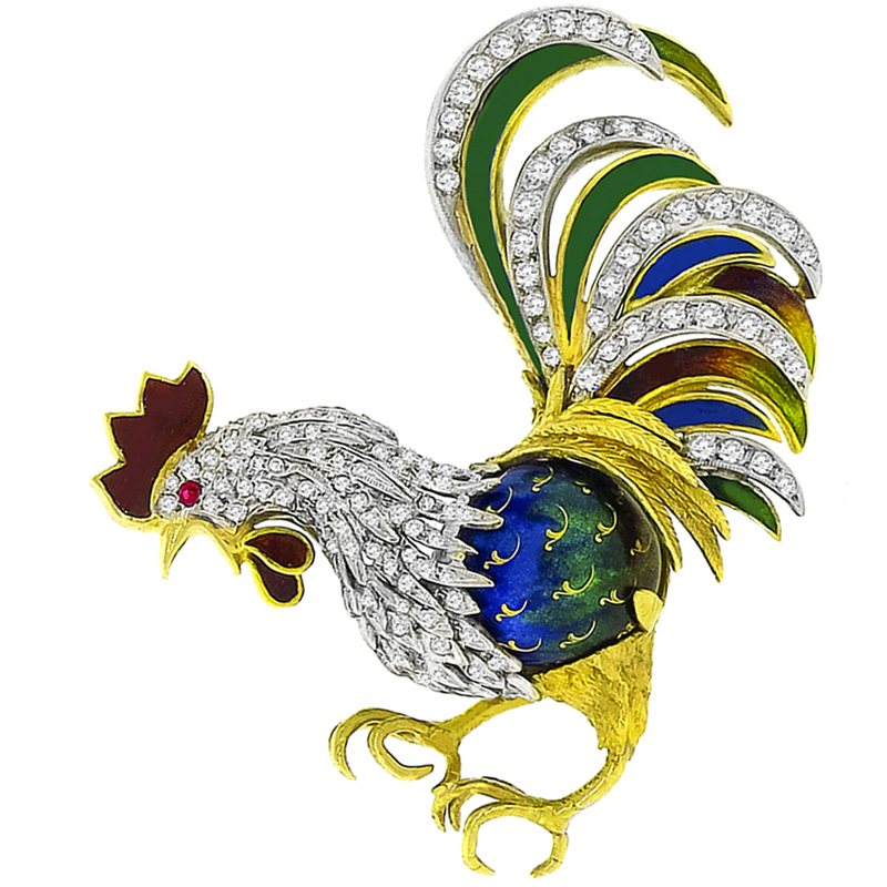 1.50ct Diamond Enamel Gold Rooster Pin