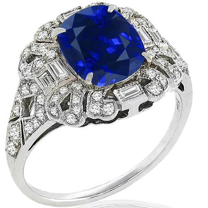 Art Deco Style 2.55ct Cushion Cut Center Sapphire 0.52ct Round And Baguette Cut Diamond 18k White Gold Ring