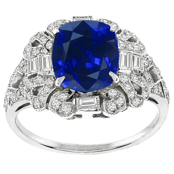 Art Deco Style 2.55ct Cushion Cut Center Sapphire 0.52ct Round And Baguette Cut Diamond 18k White Gold Ring