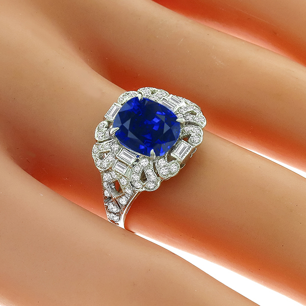 Art Deco Style 2.55ct Cushion Cut Center Sapphire 0.52ct Round And Baguette Cut Diamond 18k White Gold Ring