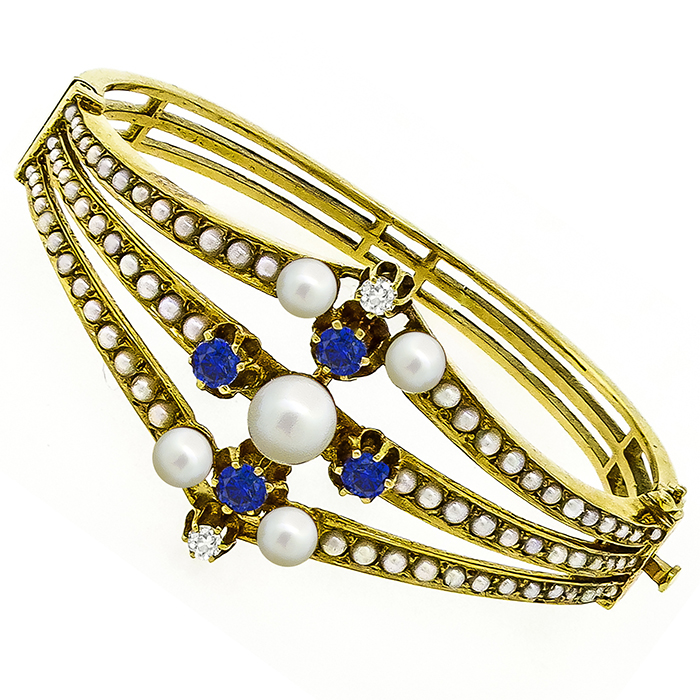 1960s 1.60ct Sapphire Diamond Pearl Gold Bangle