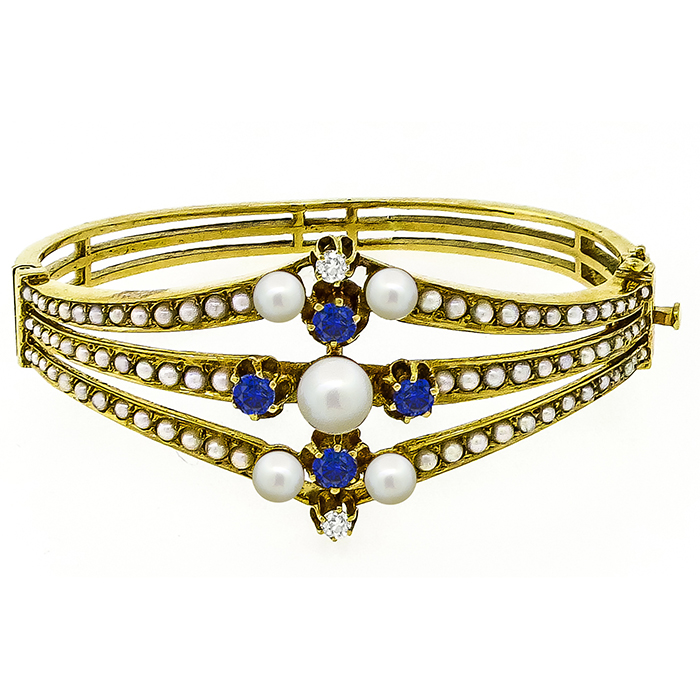 1960s 1.60ct Sapphire Diamond Pearl Gold Bangle