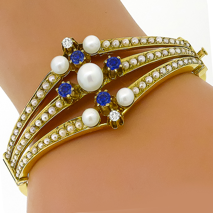 1960s 1.60ct Sapphire Diamond Pearl Gold Bangle