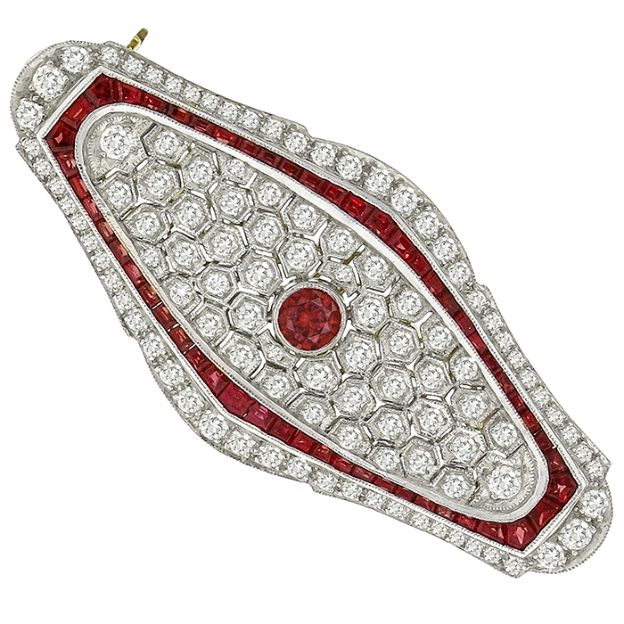 Art Deco 3.00ct Diamond 1.50ct Ruby 18k Gold Pin