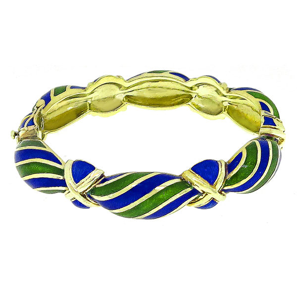 Estate 1960s Blue & Green Enamel  14k Yellow Gold Bangle