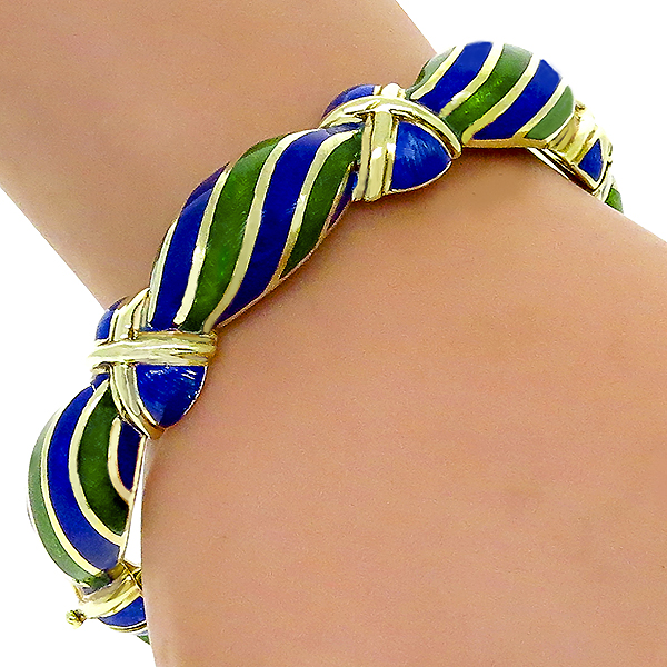 Estate 1960s Blue & Green Enamel  14k Yellow Gold Bangle