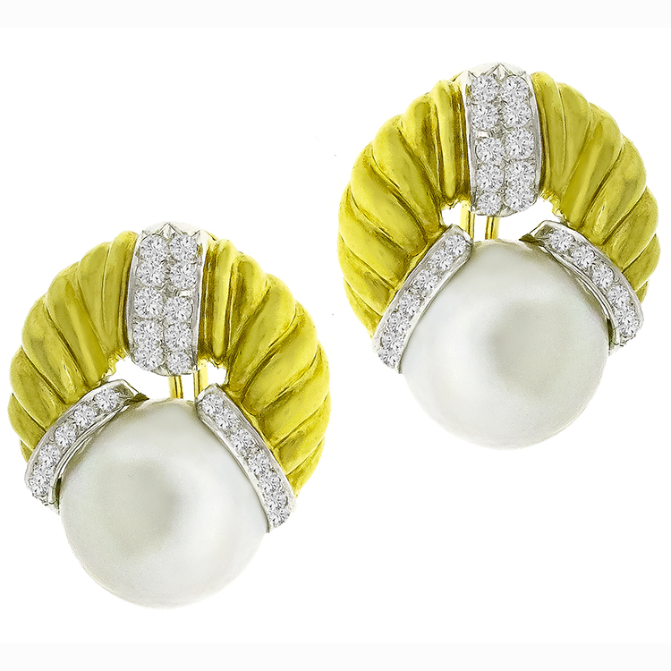 1.00ct Diamond Pearl Gold Earrings