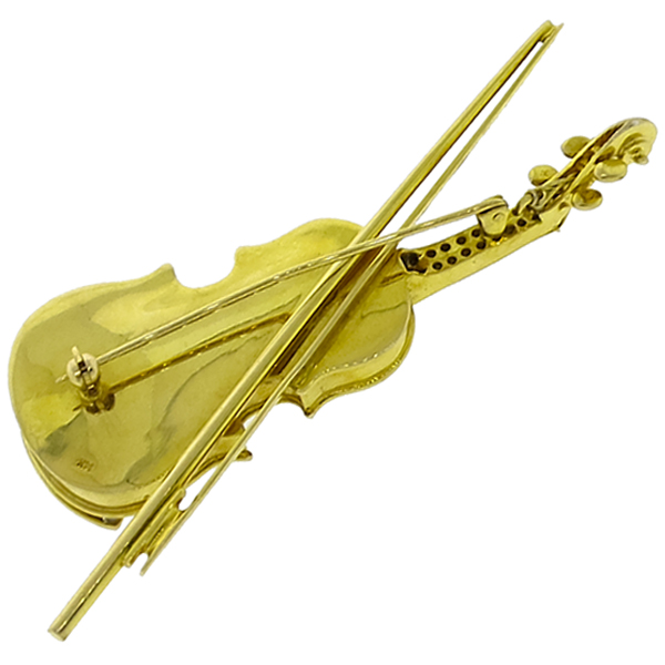 Estate 3.50ct Round Cut Diamond 14k Yellow  Gold Violin Pin