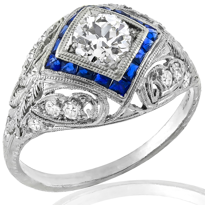 Antique Art Deco 0.59ct Circular Brilliant Diamond Sapphire Platinum Ring