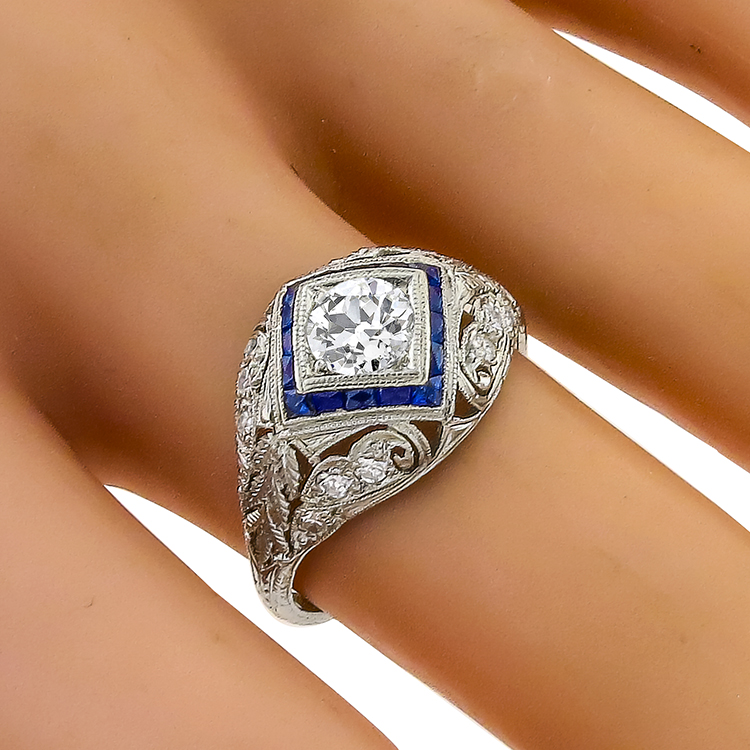Antique Art Deco 0.59ct Circular Brilliant Diamond Sapphire Platinum Ring