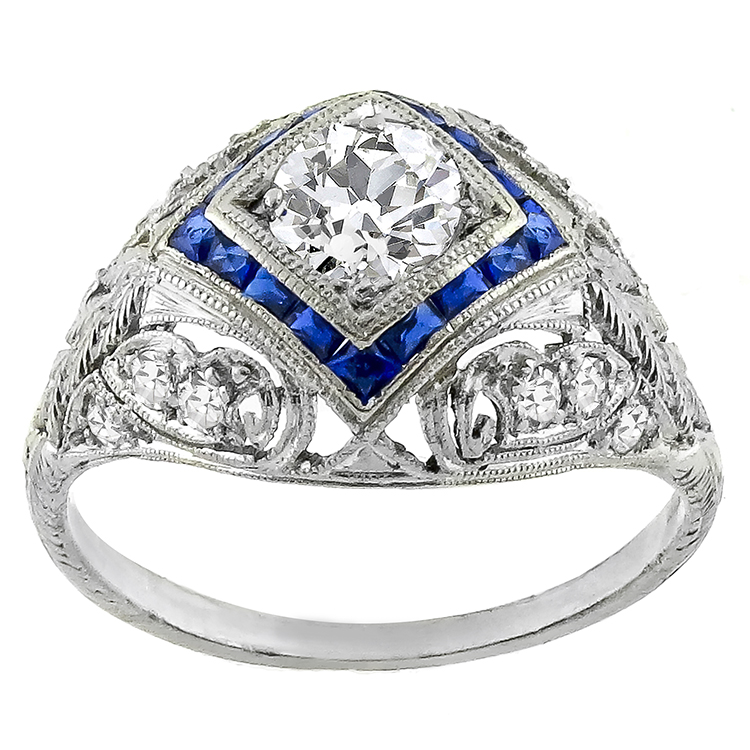 Antique Art Deco 0.59ct Circular Brilliant Diamond Sapphire Platinum Ring