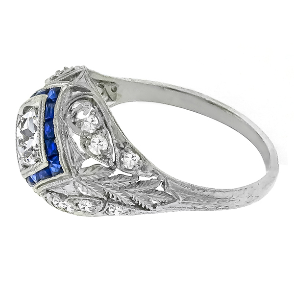 Antique Art Deco 0.59ct Circular Brilliant Diamond Sapphire Platinum Ring