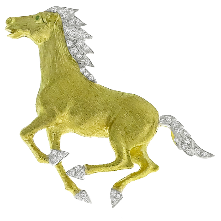 1960s 0.80ct Diamond Emerald Gold Horse Pin