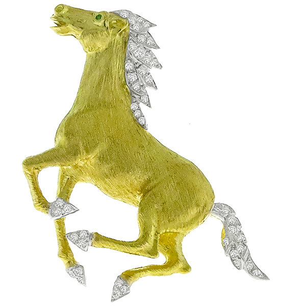 1960s 0.80ct Diamond Emerald Gold Horse Pin