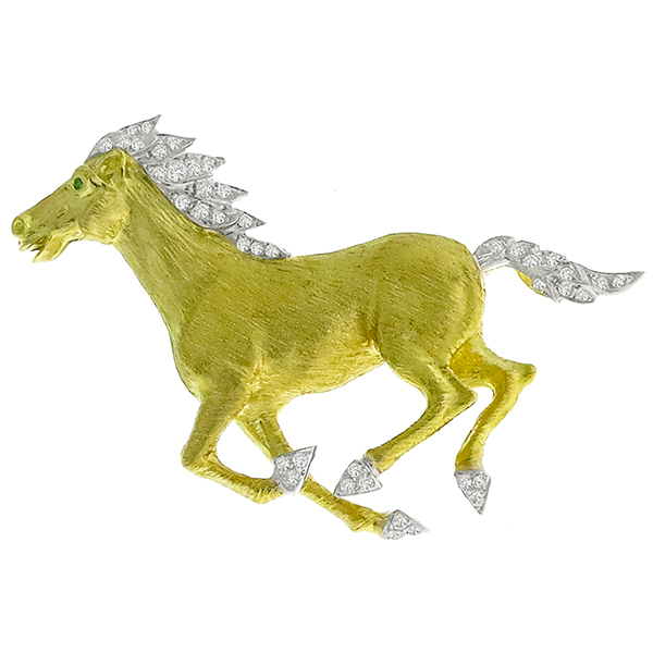1960s 0.80ct Diamond Emerald Gold Horse Pin