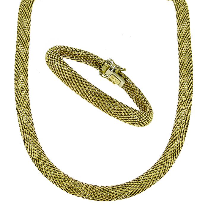 Estate 14k Yellow Gold Weave Mesh Necklace And Bracelet Set