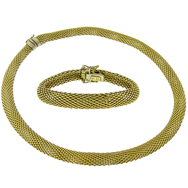 Estate 14k Yellow Gold Weave Mesh Necklace And Bracelet Set