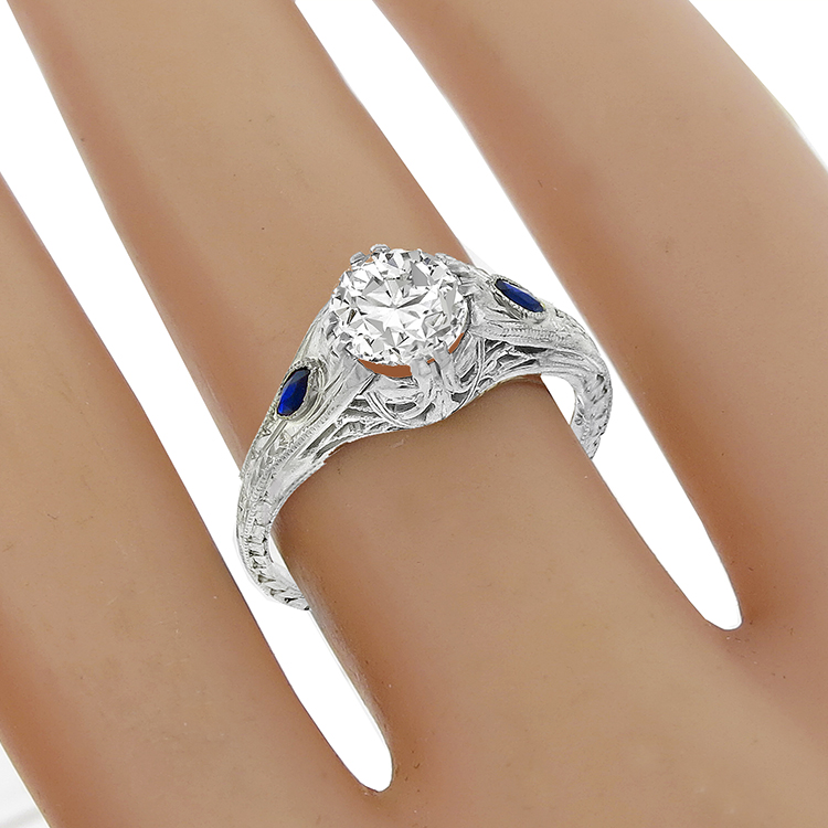Art Deco 0.84ct Diamond Sapphire Engagement Ring