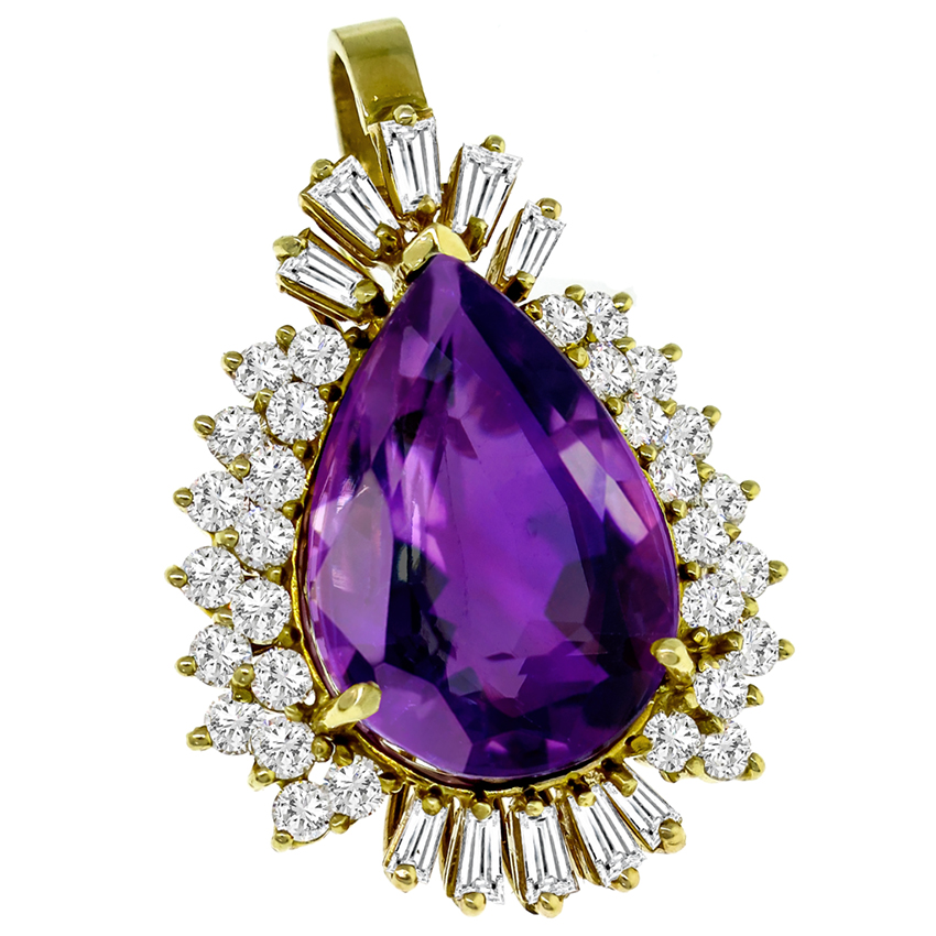 20.00ct Amethyst 2.60ct Diamonds Gold Pendant