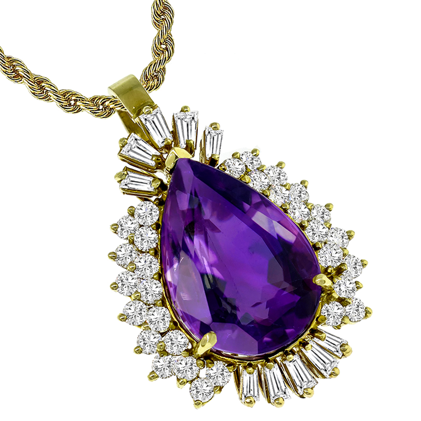 20.00ct Amethyst 2.60ct Diamonds Gold Pendant