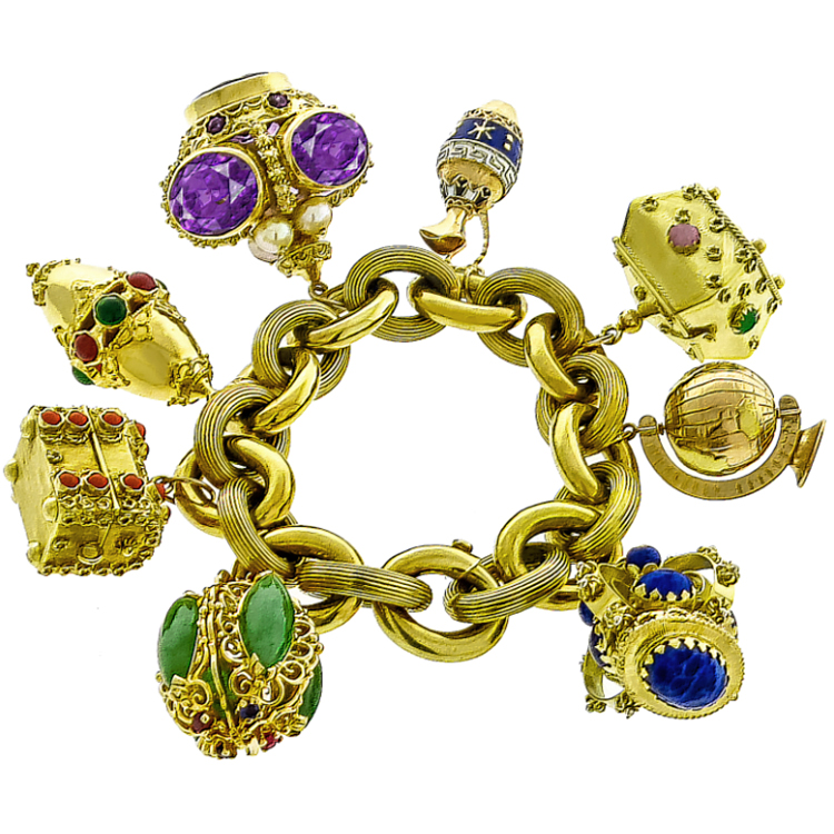 Multi Gem Novelty Charm Gold Bracelet