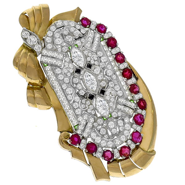 Retro 1940s & Art Deco 1.50ct Marquise & 4.00ct Carre & Old MIne Cut Diamond 5.00ct Round Cut Burmese Ruby Onyx Emerald Platinum Pink Gold Pin