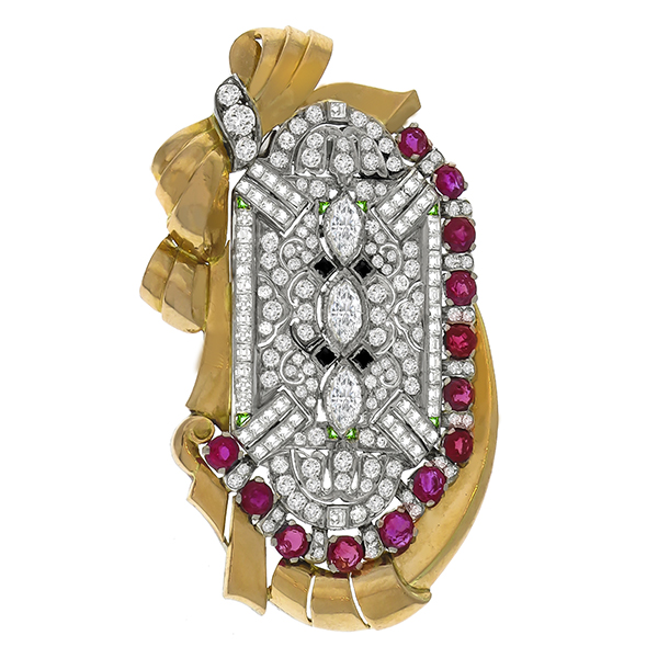 Retro 1940s & Art Deco 1.50ct Marquise & 4.00ct Carre & Old MIne Cut Diamond 5.00ct Round Cut Burmese Ruby Onyx Emerald Platinum Pink Gold Pin