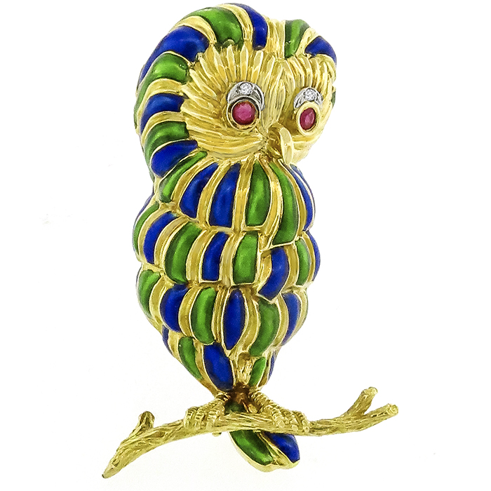 Ruby & Diamond Gold Enamel Owl Pin