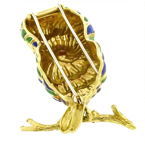 Ruby & Diamond Gold Enamel Owl Pin