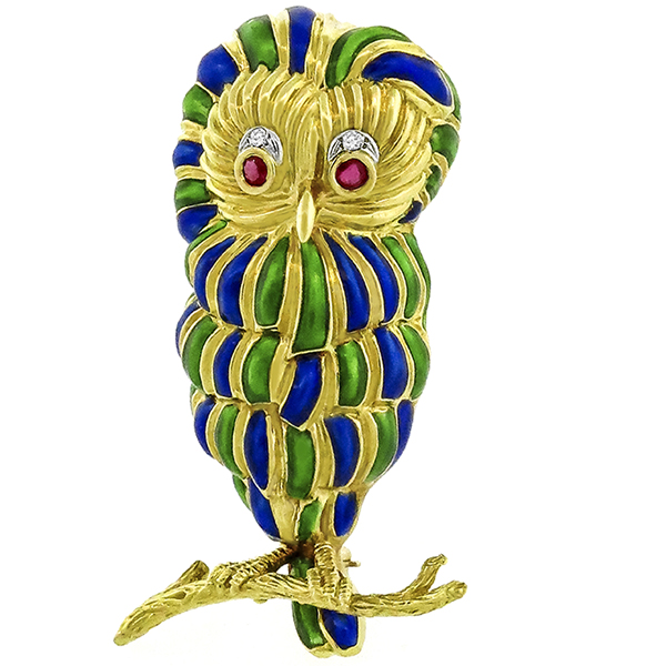 Ruby & Diamond Gold Enamel Owl Pin