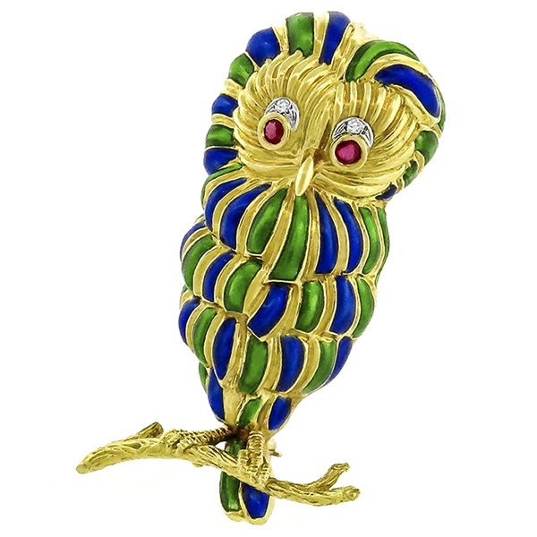 Ruby & Diamond Gold Enamel Owl Pin