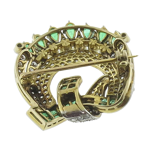 Victorian Art Deco 2.50ct Pear Shape & Square Cut Emerald 3.00ct Rose & Old Mine Diamond Platinum 18k Yellow Gold Pin