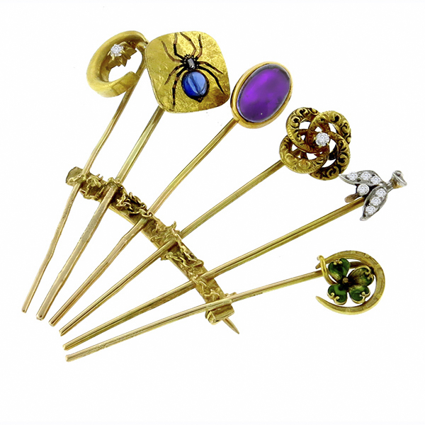 diamond,  sapphire, amethyst & enamel 14k yellow gold stack of stick pins 1