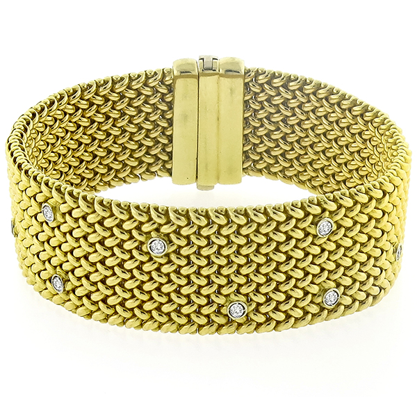 Vintage 0.80ct Round Cut Diamond 18k Yellow Gold Weave Bracelet 