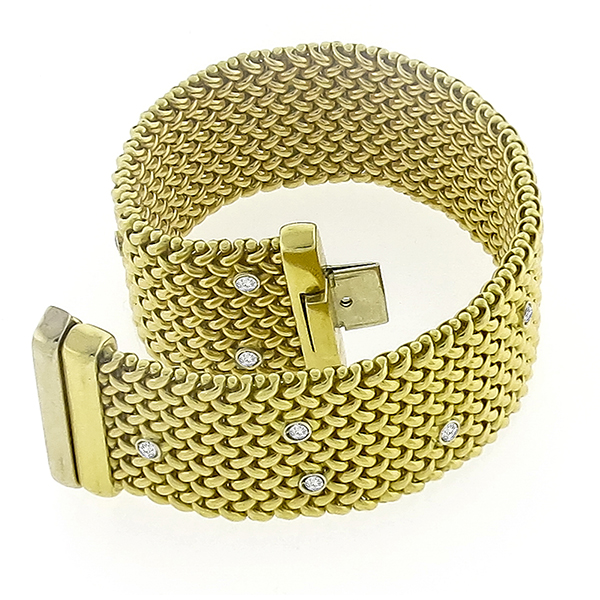 Vintage 0.80ct Round Cut Diamond 18k Yellow Gold Weave Bracelet 