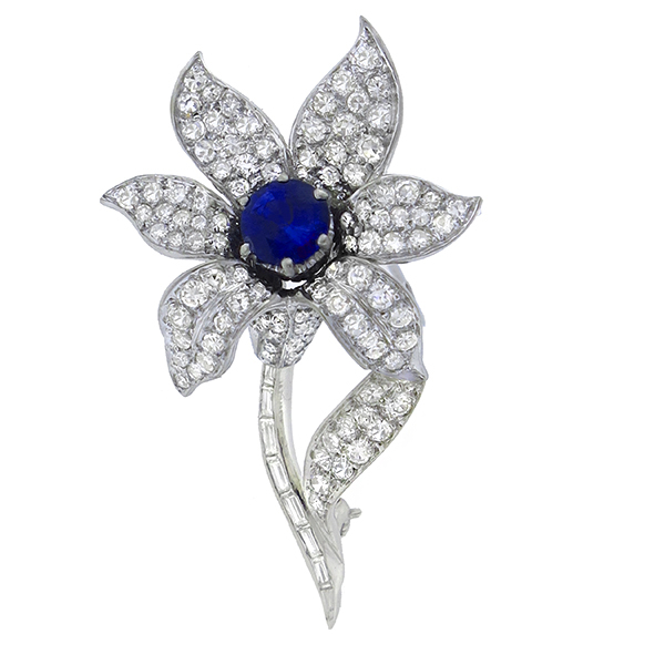 14k white gold diamond sapphire floral pin  1