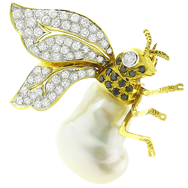 diamond baroque pearl  18k yellow gold queen bee pin 1