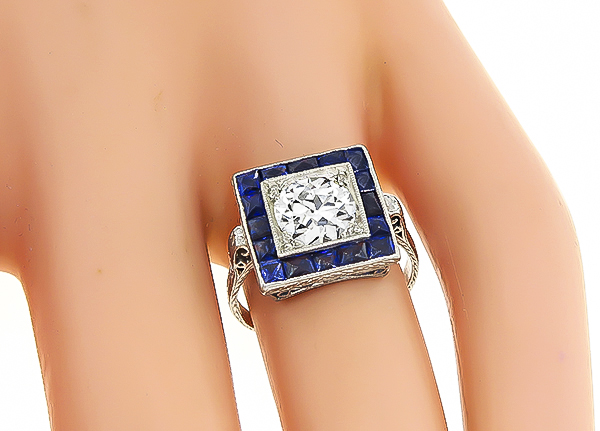 Vintage 1.29ct Diamond 0.80ct Sapphire Engagement Ring