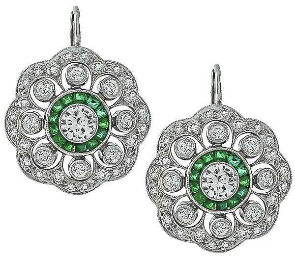 Vintage 2.00ct Diamond Emerald Platinum Earrings Photo 1