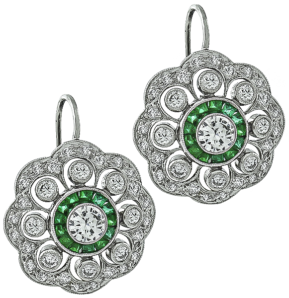 Vintage 2.00ct Diamond Emerald Platinum Earrings Photo 1