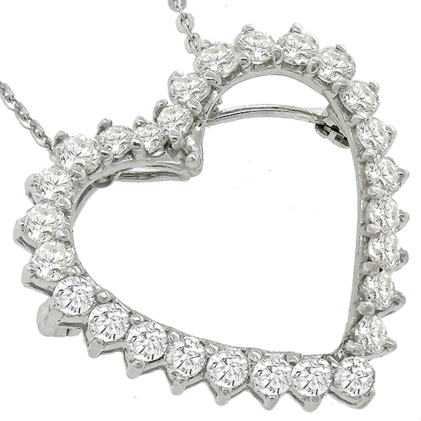 Vintage 2.50ct Round Cut Diamond 14k White Gold Open Heart Pin / Pendant Necklace